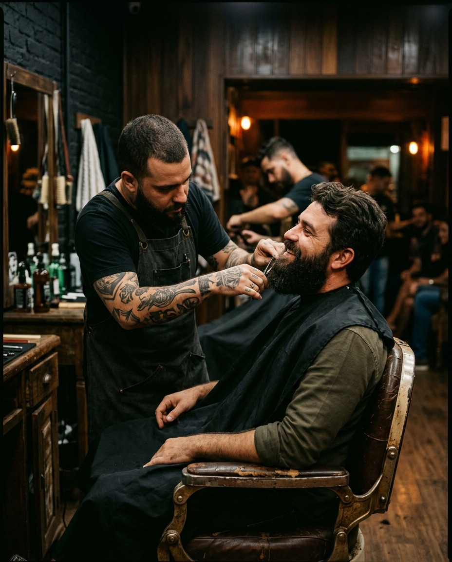 Barbeiro aparando a barba de um cliente numa barbearia
