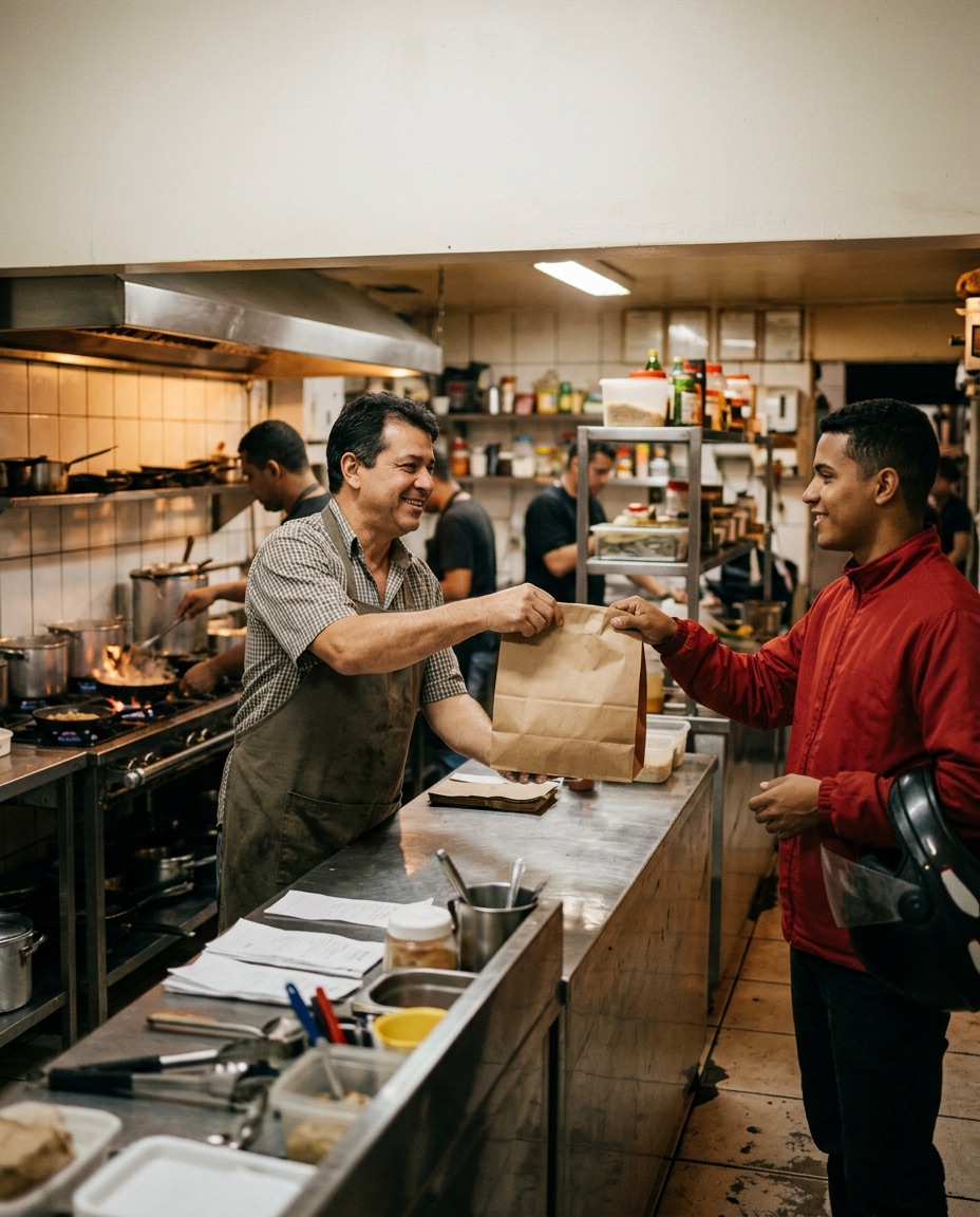 Cozinheiro entregando um pedido de delivery ao entregador no balcão do restaurante