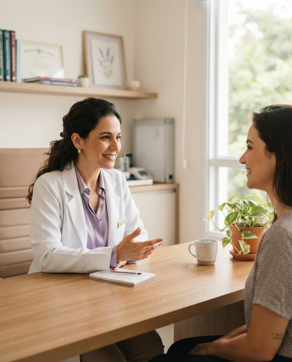 Médica conversando com uma paciente no consultório