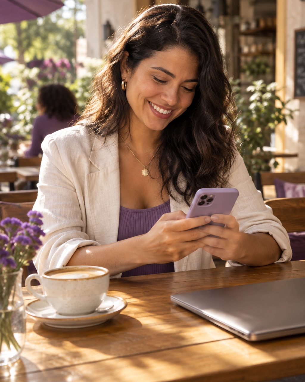 Mulher sorrindo enquanto manda uma mensagem pelo celular, num café