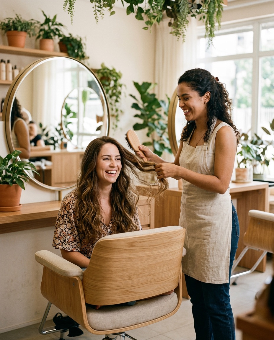 Cabeleireira arrumando o cabelo de uma cliente num salão de beleza