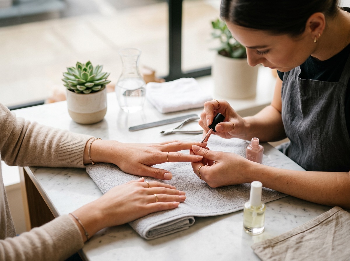 Manicure pintando as unhas de uma cliente